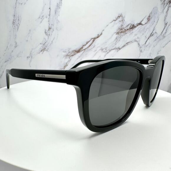New PRADA Sunglasses Black Acetate Square Silver Metal Logo 53mm Gray Lens - Picture 6 of 16